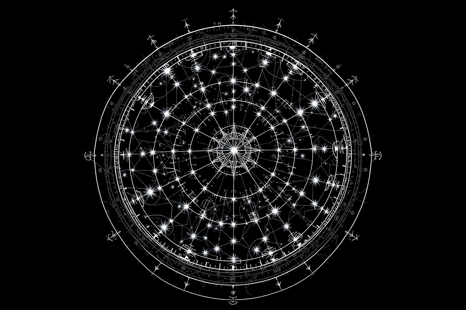 A monochrome constellation chart with stars connected by glowing lines