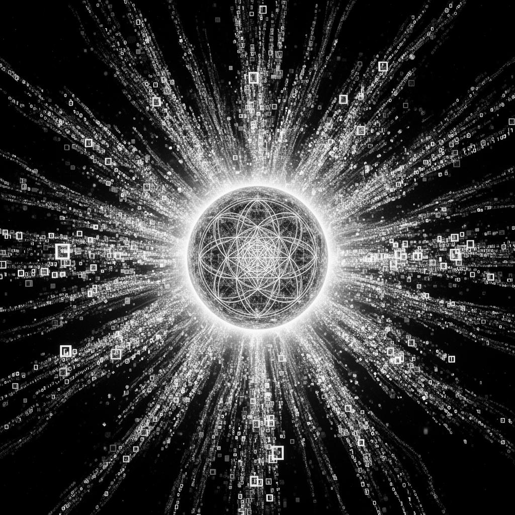 A mosaic of data packets flowing eternally outward from a central sun